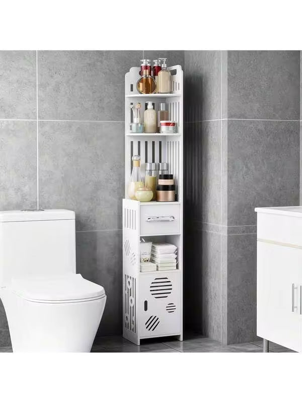 EZIFY 1PC Slim Corner Bathroom Storage Cabinet, Space-Saving Freestanding PVC Rack With Toilet Paper Holder, Easy Assembly Home Organizer Shelf